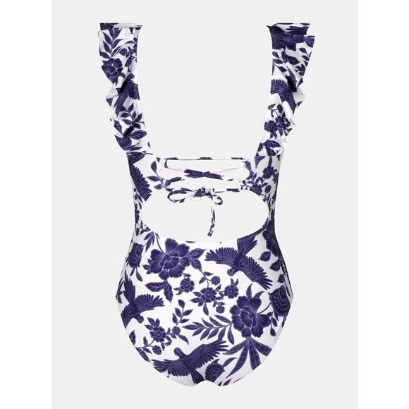 Women's White Ruffled One Piece Swimsuit V Neck Lace Up - Picture 8 of 8